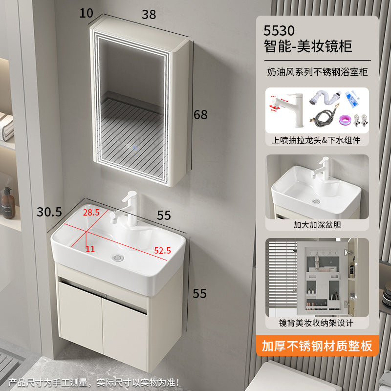 Small apartment bathroom cabinet Thickened stainless steel washstand Integrated cabinet Storage mirror Washstand Deepened ceramic integrated basin