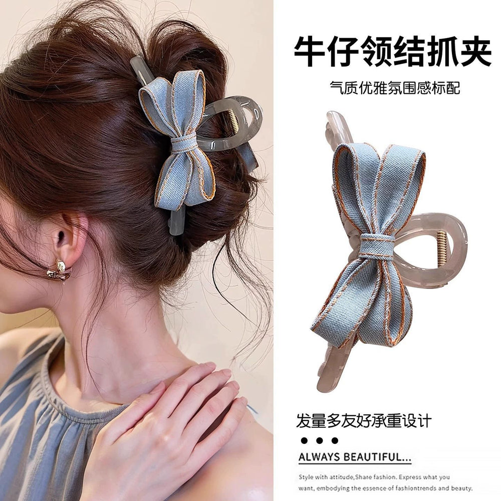 Korean new fashion back of head blue denim bow transparent gray hair clip claw clip shark clip hair accessories for women