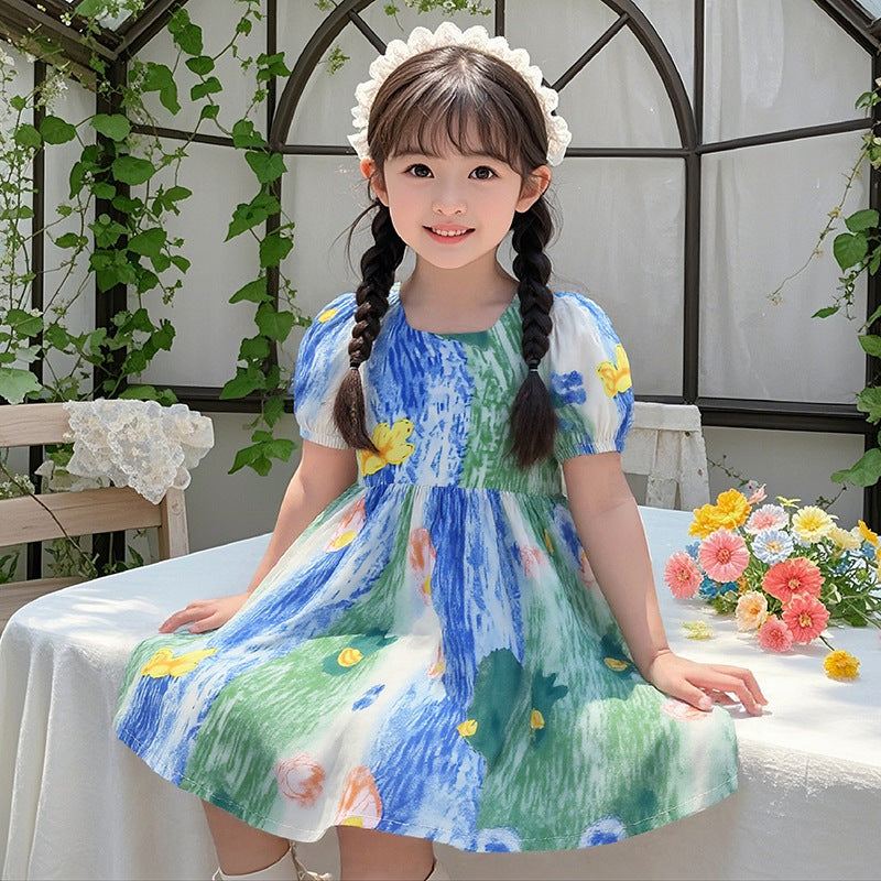 Girls' summer floral dress - trendy bubble sleeve sundress for kids - stylish cartoon print dress