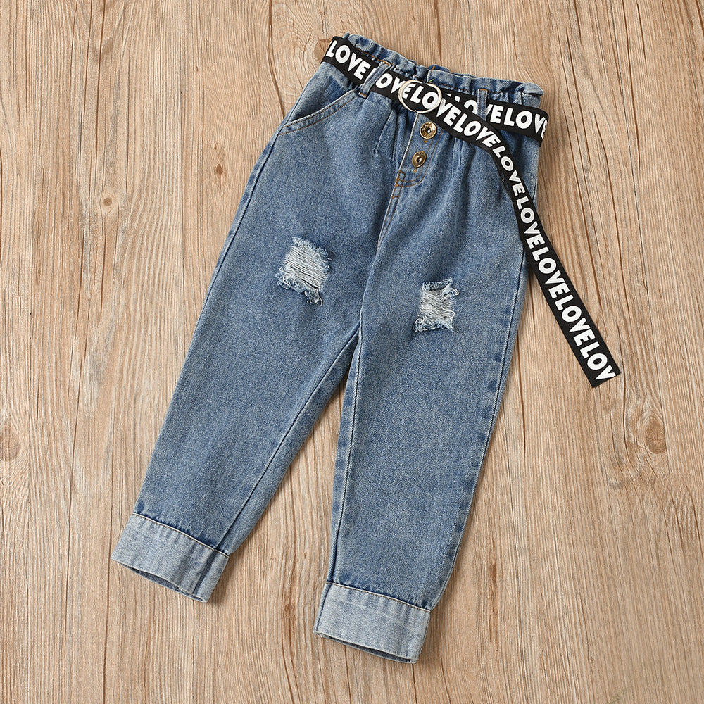 European and american cross-border new arrival: kids' round neck short sleeve letter print t-shirt + button-down distressed denim jeans with belt set