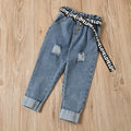 European and american cross-border new arrival: kids' round neck short sleeve letter print t-shirt + button-down distressed denim jeans with belt set