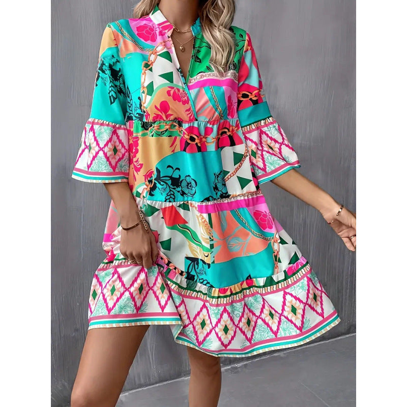 Shipped: new  european and american style independent website cross-border fashion - pleated sleeve, printed bell sleeve, ruffle hem