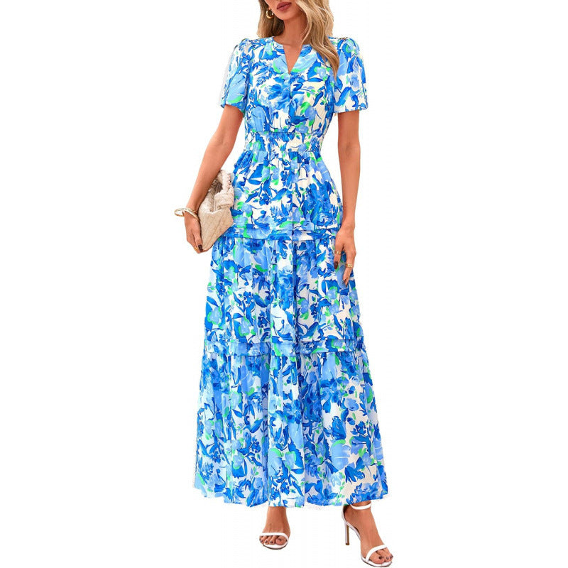 european and american retro floral short-sleeve v-neck dress - women's  summer new arrival a-line flowy vacation dress