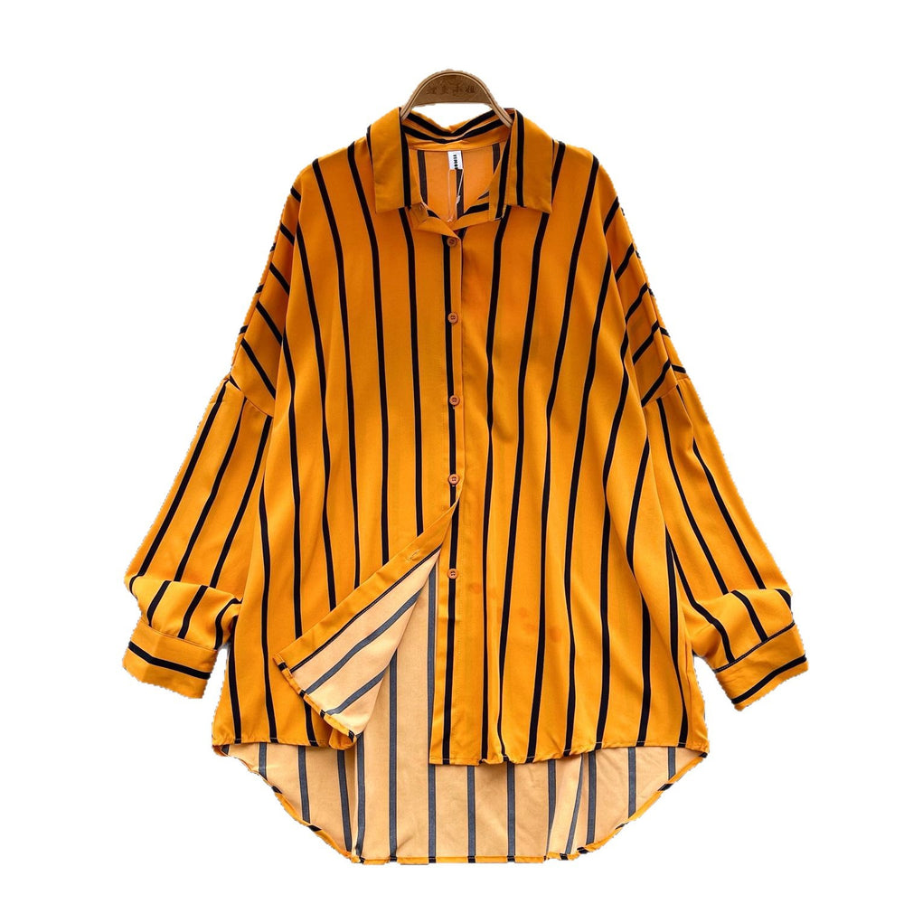 Long-sleeved striped shirt - women's autumn new arrivals, european & american style, casual, versatile, loose fit, slimming, mid-length, plus size, trendy blouse