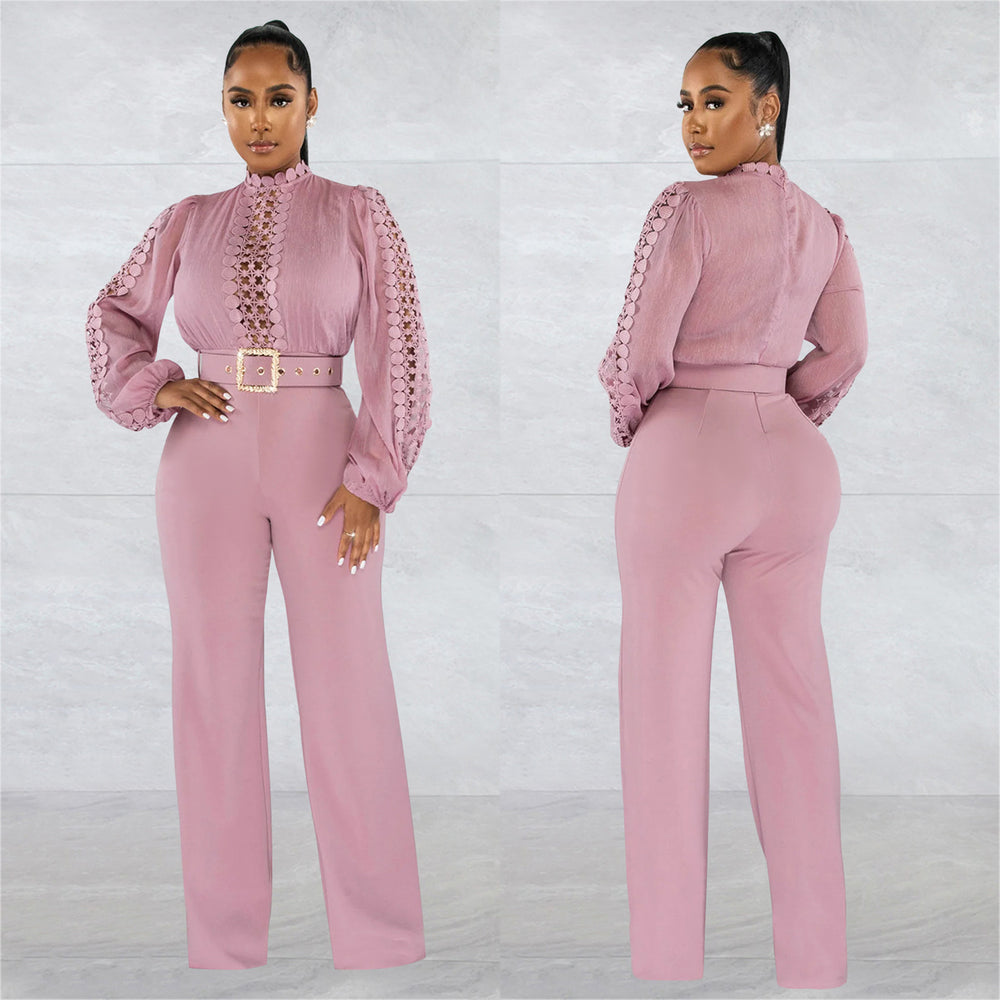 X6345   fashion women's belted lace hollow-out solid color long sleeve jumpsuit