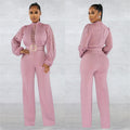 X6345   fashion women's belted lace hollow-out solid color long sleeve jumpsuit
