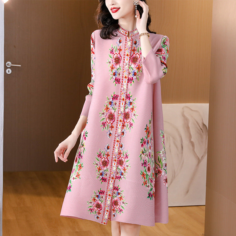 miya pleated autumnew arrivalplus size wide wife looseretroprinting high collar pleated a-line dress