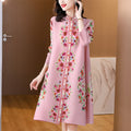 miya pleated autumnew arrivalplus size wide wife looseretroprinting high collar pleated a-line dress