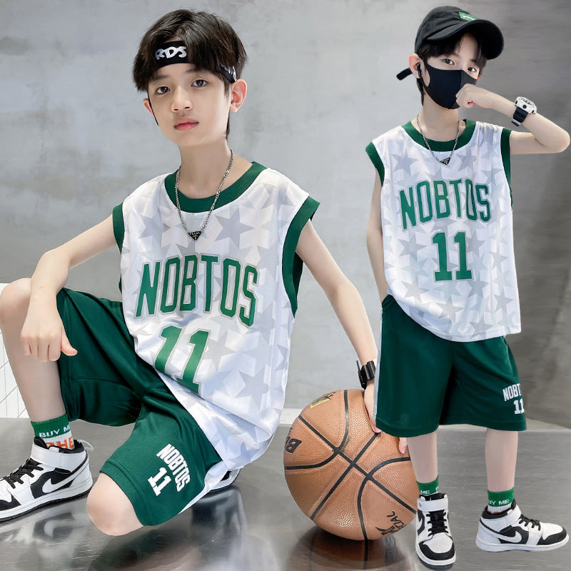 Kids' basketball sleeveless set: boys' summer tank top, competition training team uniform, student sports jersey & shorts - quick dry