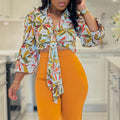 D3267  new fashion european and american foreign trade women's cross-border printed turn-down collar tie-neck long sleeve european and american blouse