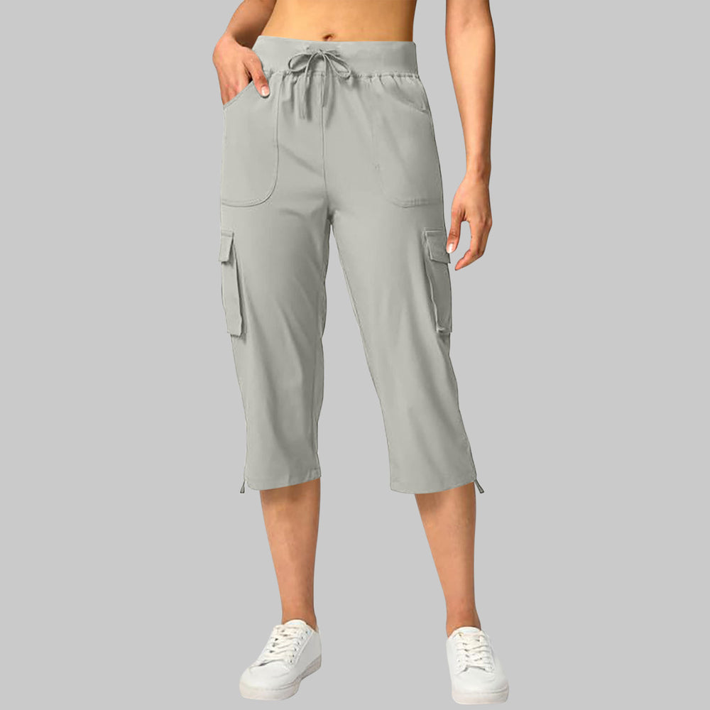 european and american cross-border summer new solid color women's elastic waist casual cargo capri pants with pockets
