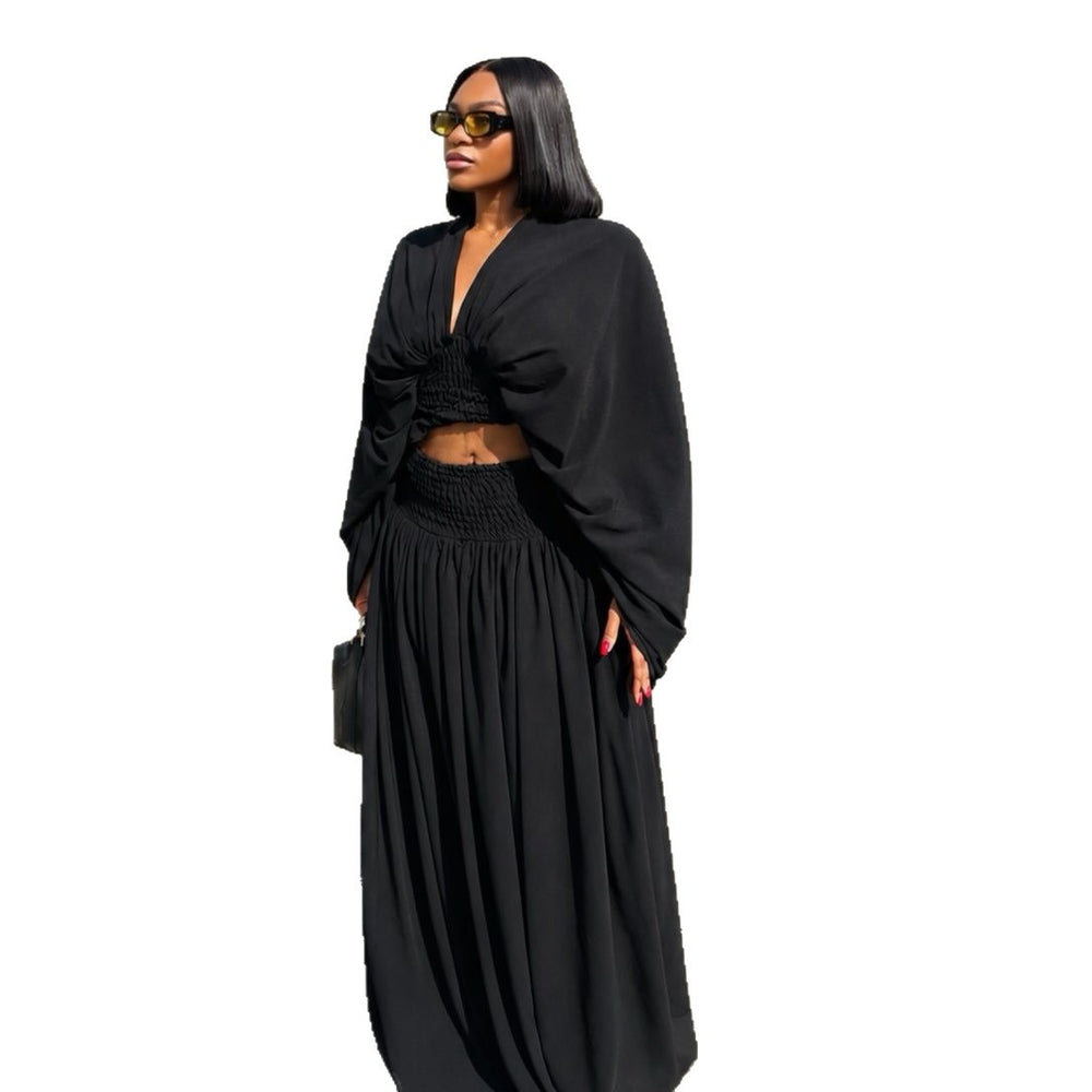 European and american cross-border women's fashion:  summer new collection - stylish v-neck pleated top and high-waisted midi skirt set