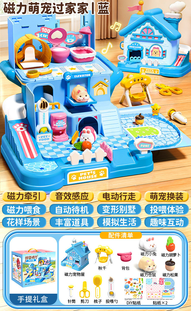 3-6 year old girls' toys, pretend play magnetic pet house, little rabbit & cat dolls, birthday gift for girls