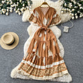 Bohemian print tie-waist dress - women's summer  v-neck slimming a-line maxi dress - red