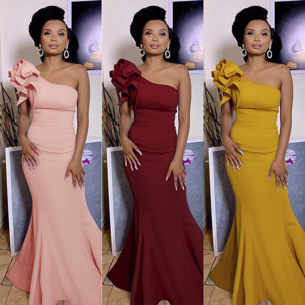 e-commerce solid color asymmetrical bust-enhancing dress, european and american/african women's sexy cocktail party evening gown