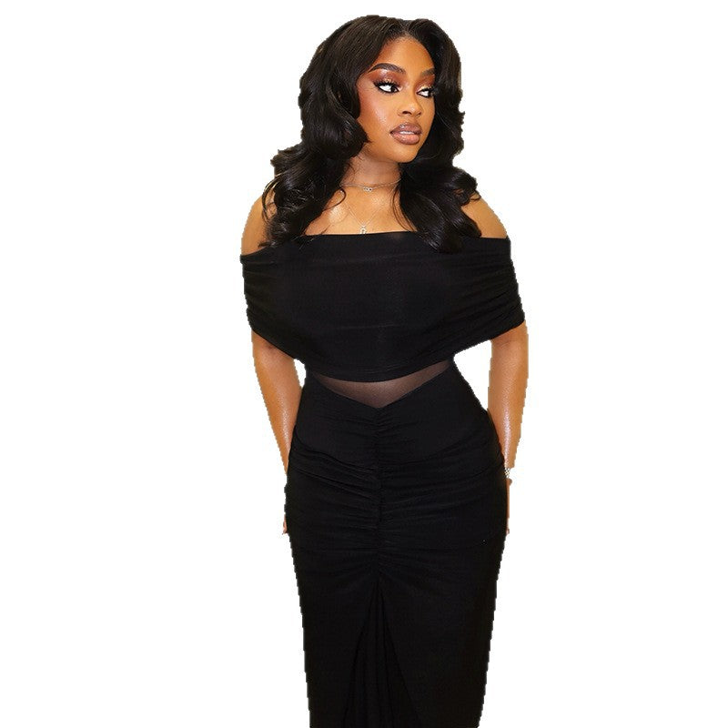 European and american style cross-border solid color women's off-the-shoulder bodycon dress with one-shoulder neckline, mesh paneling, and sheer long dress