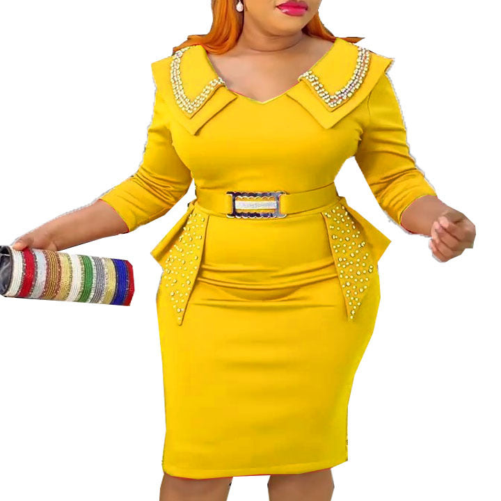 new african cross-border fashion: women's short-sleeve, bodycon, beaded, professional-style dress