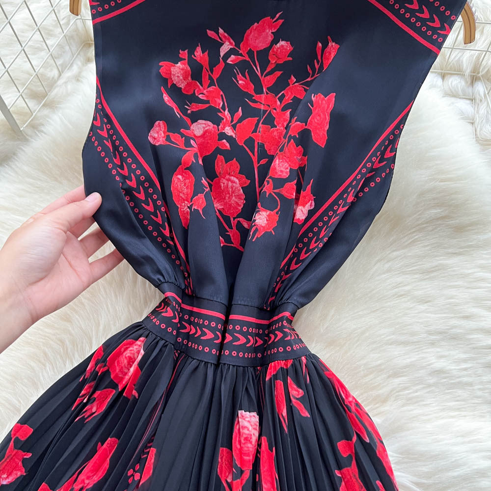 French chic sleeveless printed midi dress -  summer collection: slimming, elegant, and pleated