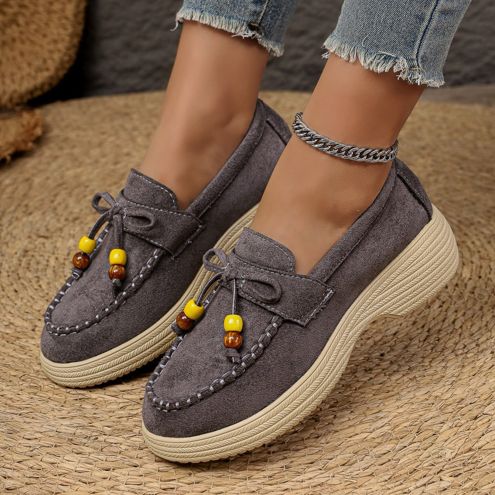 Fashionexport suede platform bottomcasuallow ankle beaded flats women's spring new arrival lightweight pure color cloth loafers