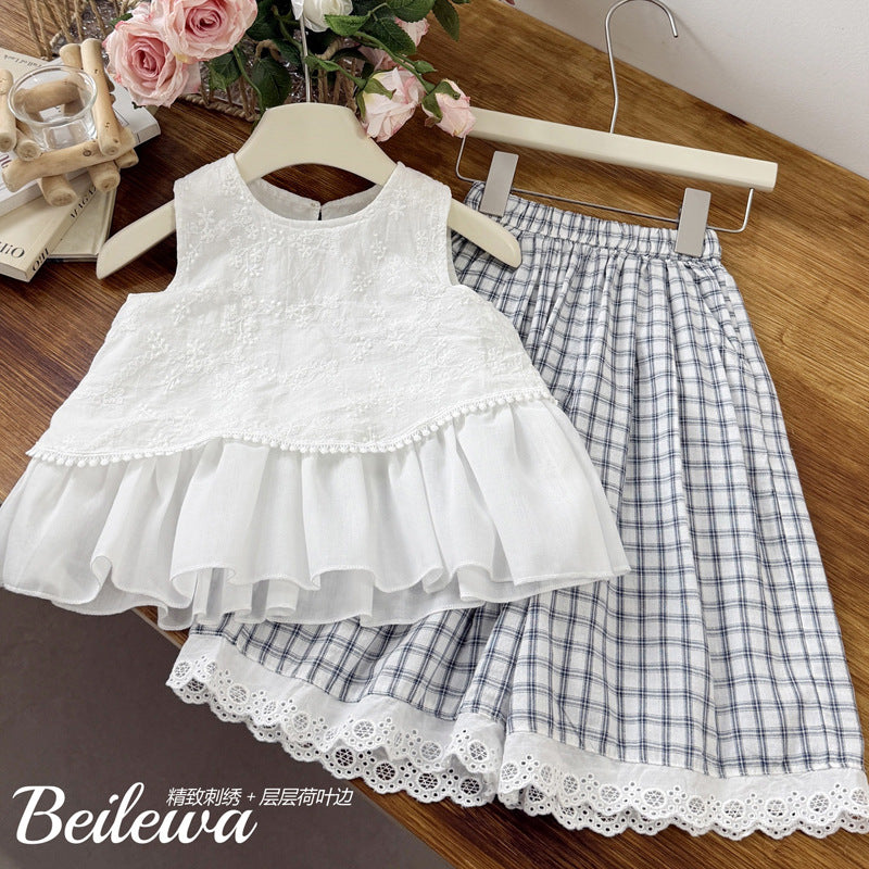 New girls' spring outfit: korean style sleeveless ruffle embroidered set - trendy and stylish children's clothing for baby girls