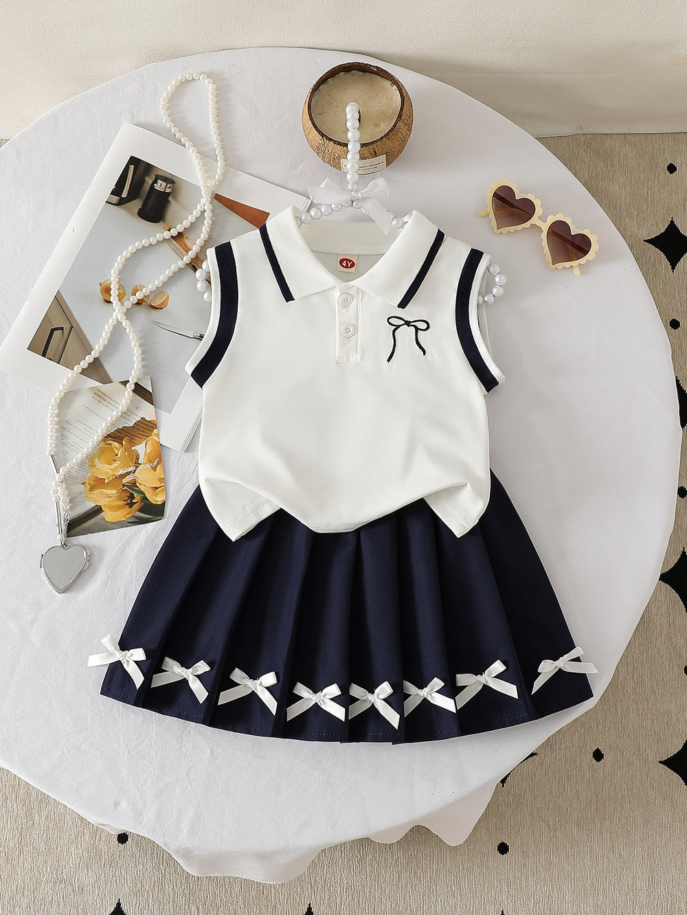 spring/summer new arrival: cross-border girls' polo shirt with bow + a-line pleated skirt two-piece set