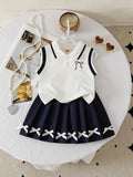 spring/summer new arrival: cross-border girls' polo shirt with bow + a-line pleated skirt two-piece set
