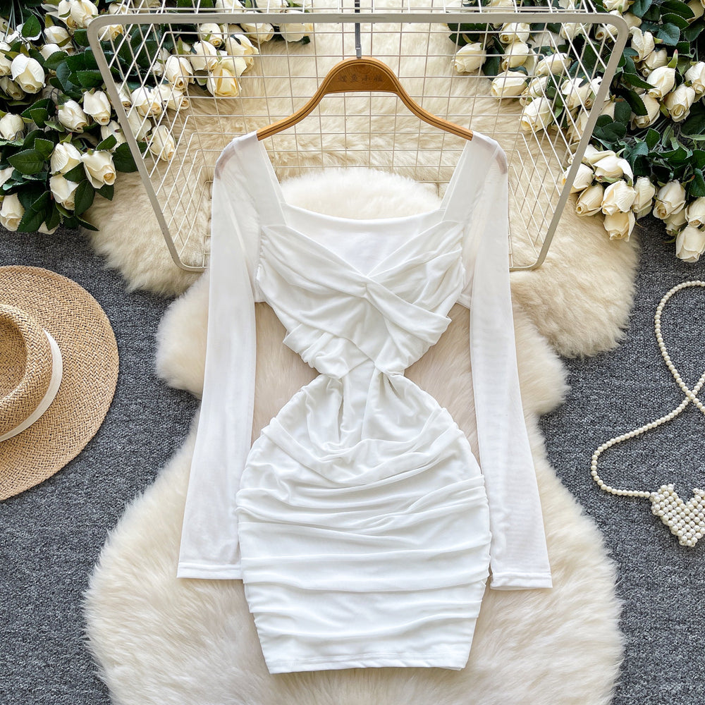 Feminine sexyv neck twist long sleeves mesh dress autum pleated waist bag hip hot girl short skirt