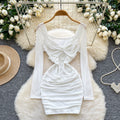 Feminine sexyv neck twist long sleeves mesh dress autum pleated waist bag hip hot girl short skirt