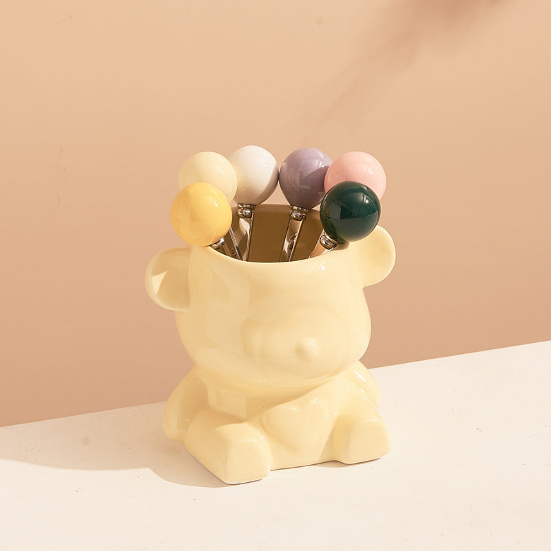 New arrival cream style ceramic bear hanging fruit fork jar suit high-looking home goods afternoon tea fruit fork spoon