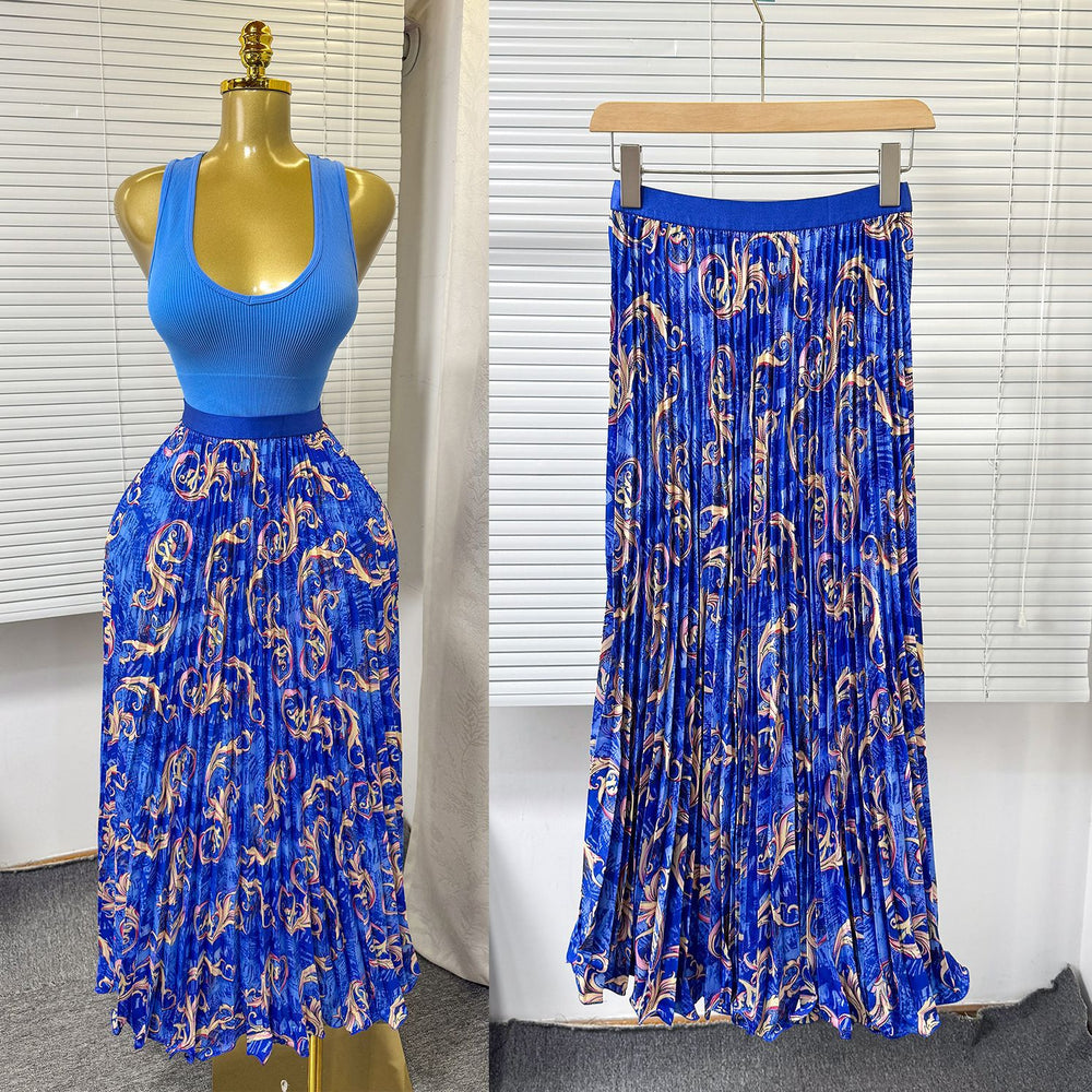 export  spring/summer new arrival: printed pleated a-line midi skirt with elastic waist and full sweep