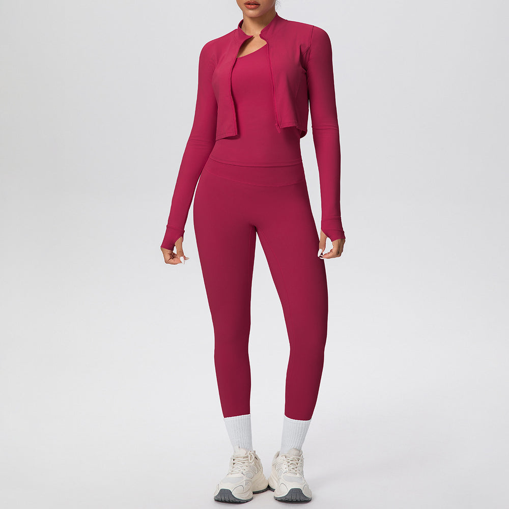 Cloud-feel quick-dry zip-up jacket high-waisted yoga leggings set - outdoor casual running fitness activewear 3-piece set