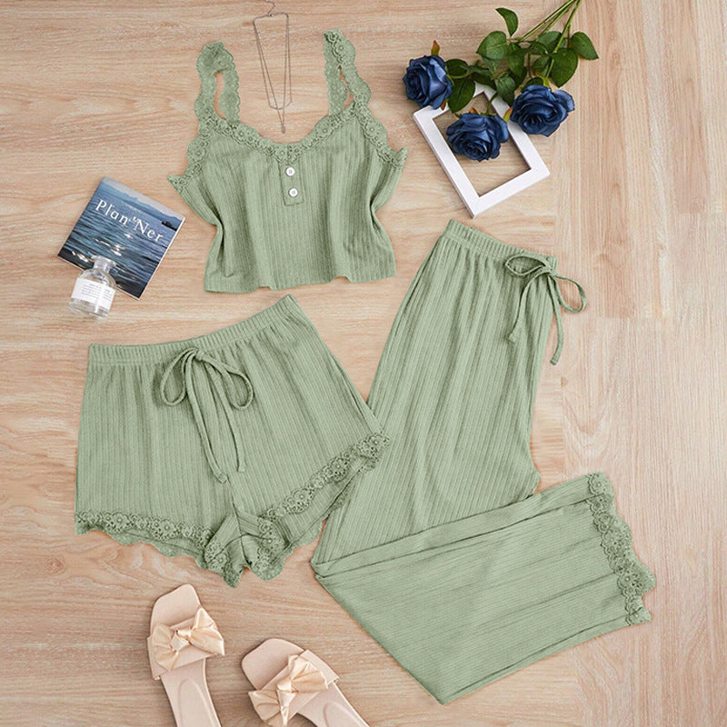 cross-border hot seller: new summer lace trim cami top, shorts, and long-sleeve women's pajama three-piece set - perfect for loungewear or light outings