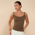 Amazon fashion european and american style metal ring detail spaghetti strap slim fit u-neck ruched cropped tank top for women