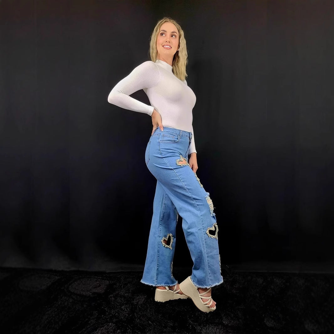25 Cross-border Europe, America,  Independent Station INS Explosive Hollow Love Handmade Nail Drilling Personalized Trend Jeans