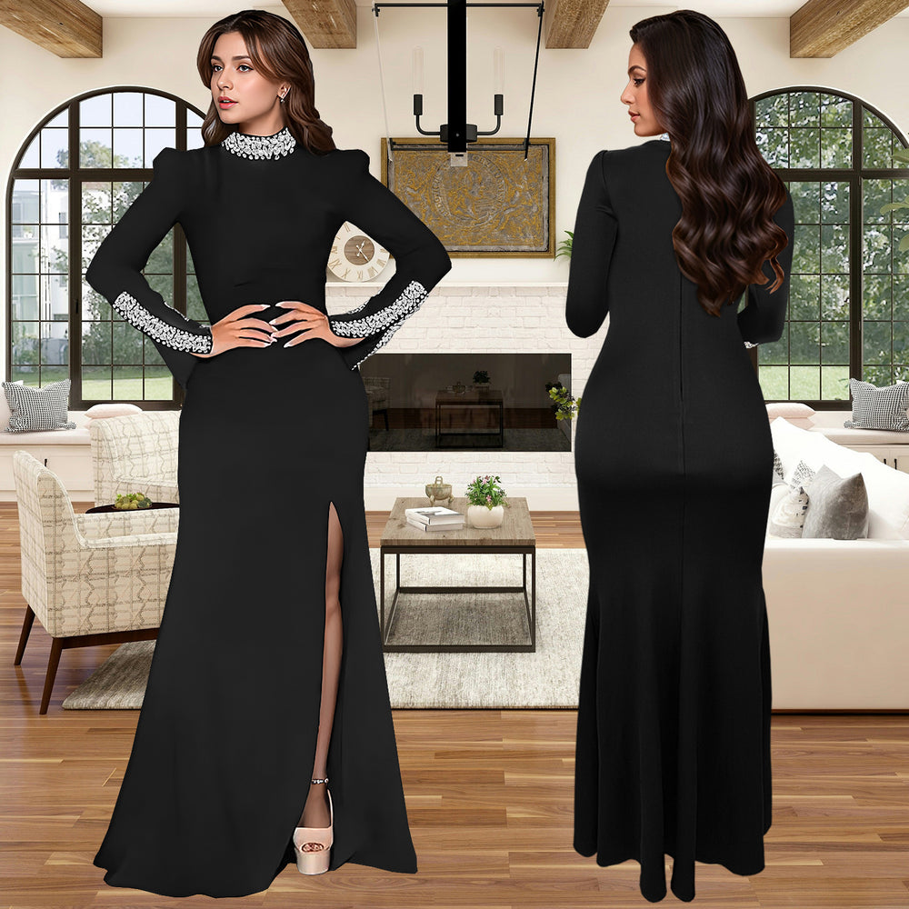 C7271 cross-border   fashion women's solid color long sleeve rhinestone slit dress new arrival