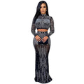 X5379 cross-border new arrival:  european and american fashion sexy nightclub women's mesh see-through long sleeve maxi dress two-piece set