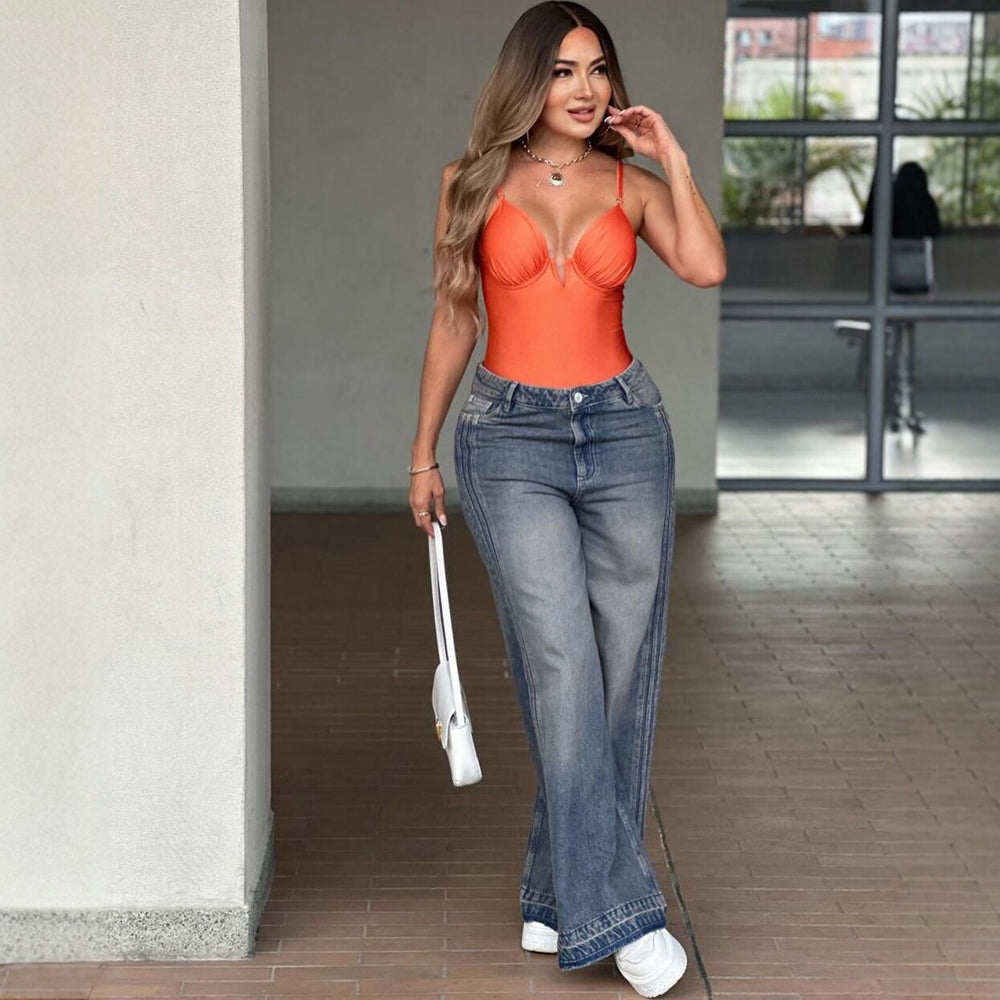 European and american style high-waisted wide-leg jeans -  cross-border summer new arrivals - women's side stripe straight-leg trousers
