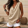 Casualv neck diagonal buckle loose linen vest casual side slit vacation comfy basics women's clothing 1688 supply