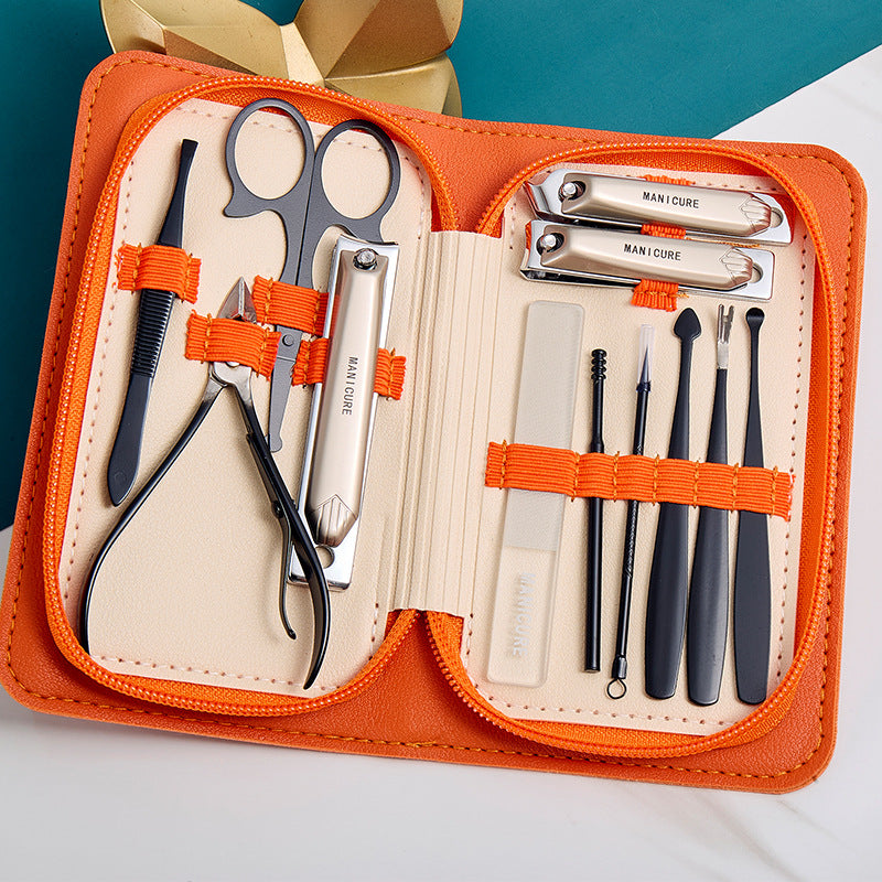 Stainless steel manicure & pedicure tool set - 9 piece kit: includes nail clippers, eyebrow scissors, earwax removal tool, and nail file - wholesale