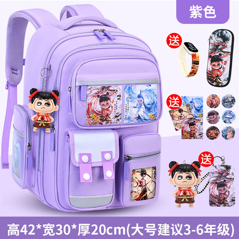 New nezha backpack for boys and girls, grades 1-6: spine protection, lightweight design, and extra-large capacity