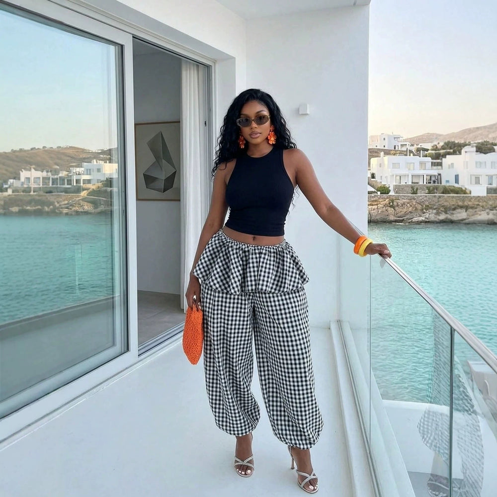 Amazon  spring/summer new fashion plaid high-waisted wide-leg joggers with elastic ankle cuffs