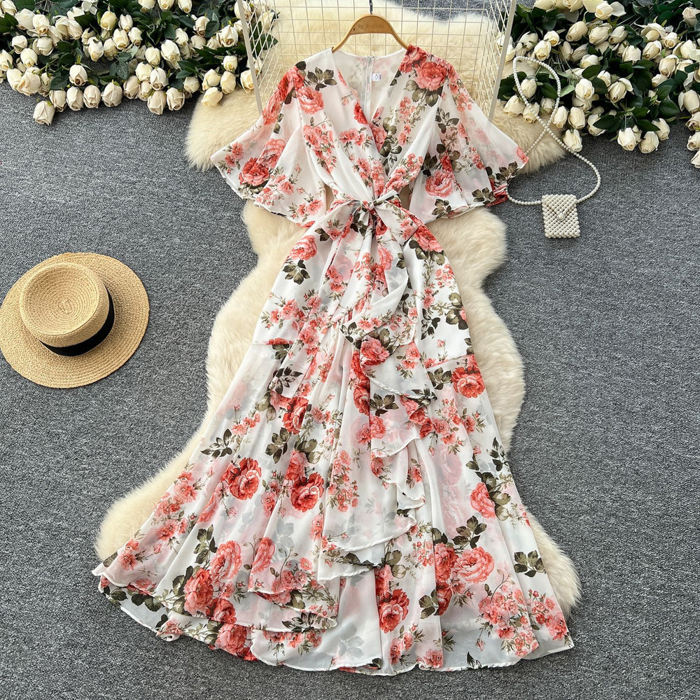 French chic high-end women's summer dress - elegant, figure-flattering, asymmetrical ruffle hem, floral chiffon maxi dress