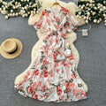 French chic high-end women's summer dress - elegant, figure-flattering, asymmetrical ruffle hem, floral chiffon maxi dress