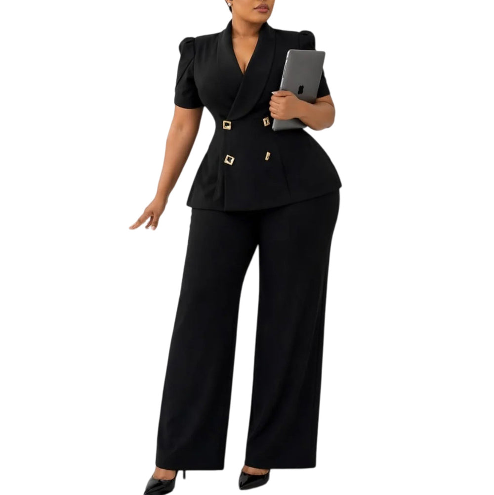 D634exportfashion cross-border  new short-sleeved lapel double-breasted tops high waistloose pantsexportsuit