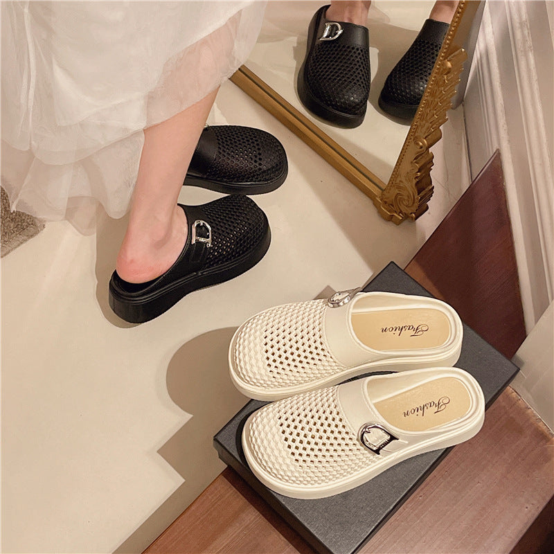 Baotou sandals for women 2025new arrivalretro woven baotou half slippers platform shoesthick sole slip-on cut out slippers