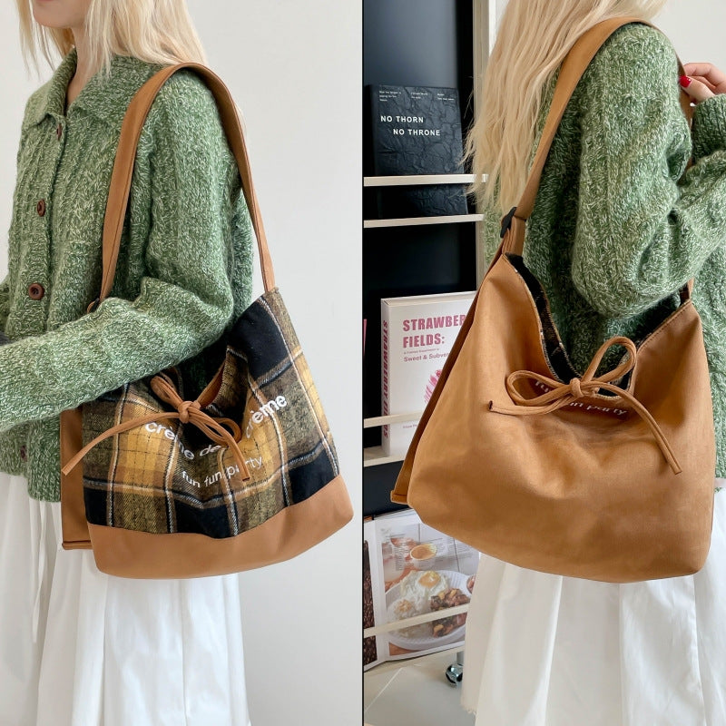 European and american retro plaid bag autumn and winter versatile new double-sided backpack solid color minimalist shoulder bag large capacity tote bag