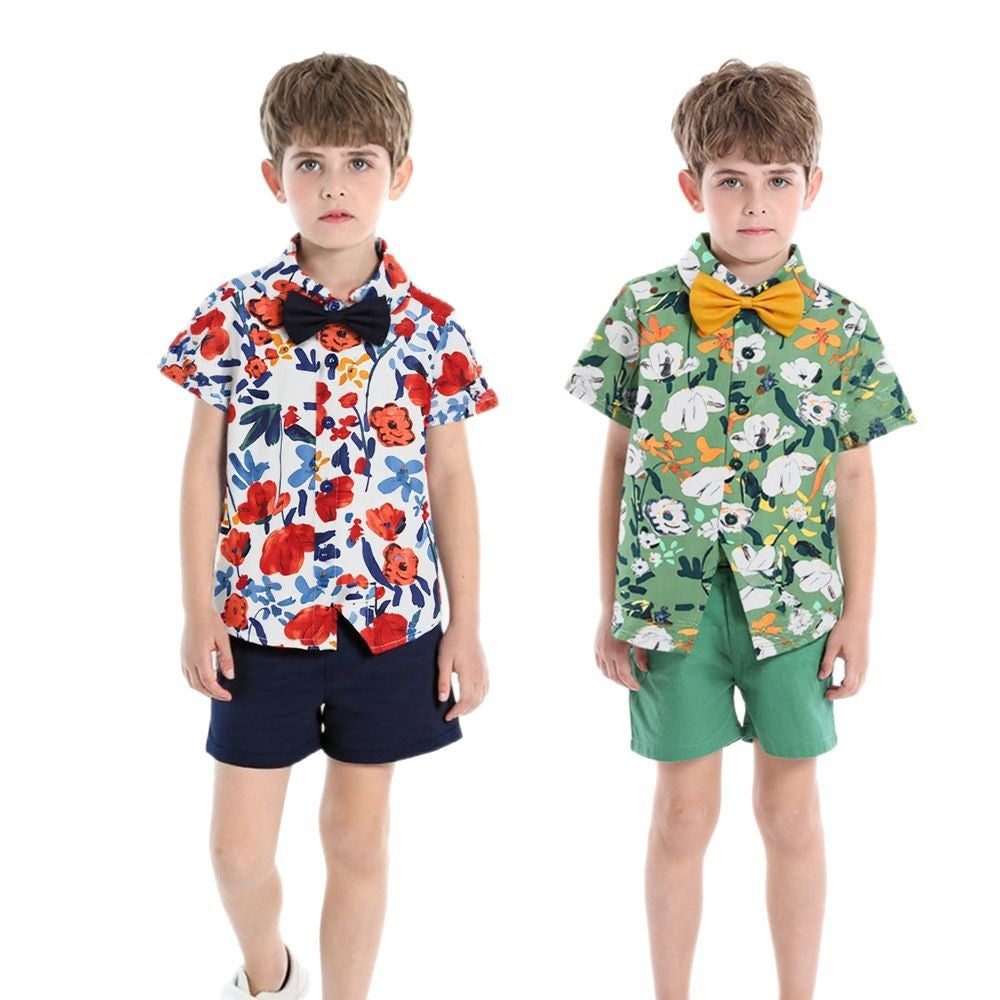 Boys' summer outfit set: new  trendy two-piece floral shirt and shorts set for baby boys