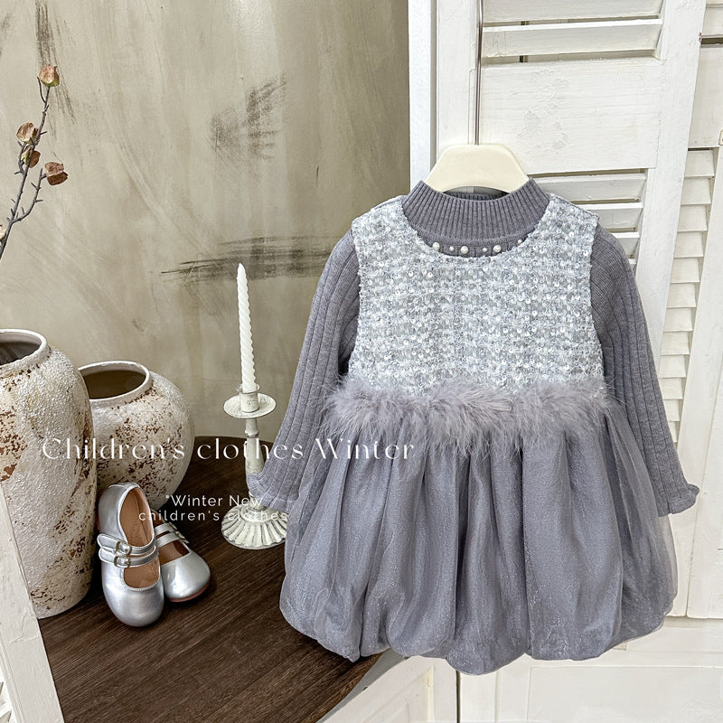 Girls' chic tweed-style patchwork mesh fleece-trimmed tulip skirt & versatile sweater two-piece set - trendy style