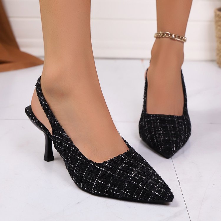 High heels women's shoes 2026 summernew arrivalk-style small fragrant style pointed toe high heels women's back elastic toe sandals