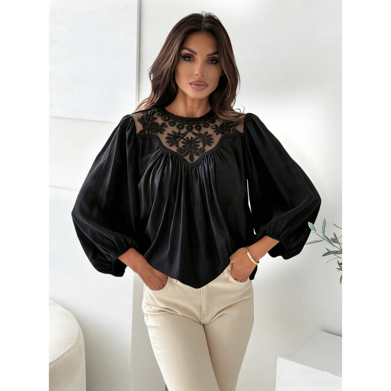 Aliexpress new arrival: round neck long sleeve ruffle collar pleated top blouse